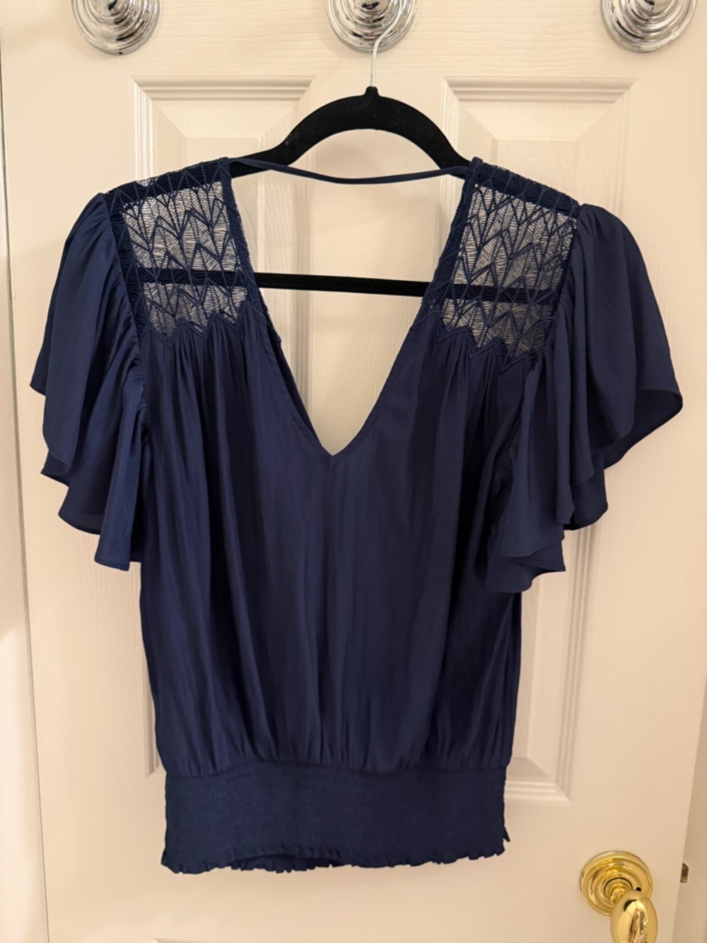 Ramy Brook Navy V-Neck Flutter Sleeve Blouse
